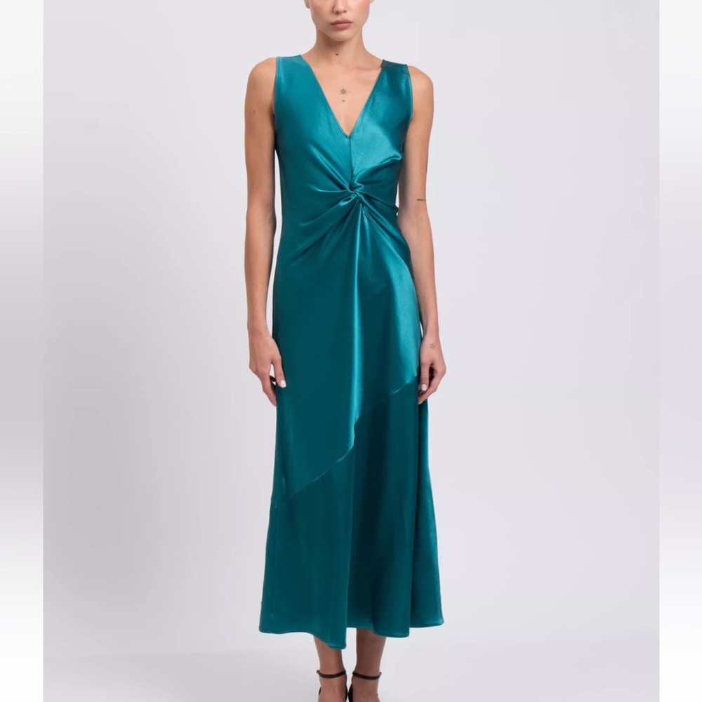 Anthro Pinko $378 Green Satin Twist Midi Bias Cut Slip Dress Size 38 US 2 XS - Picture 2 of 9